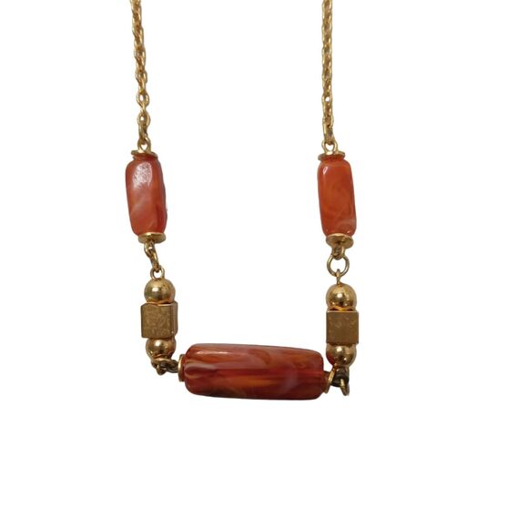 Amber Gold Tone Short Choker Necklace Gold Square & Round Beads Vintage RARE - Picture 12 of 13